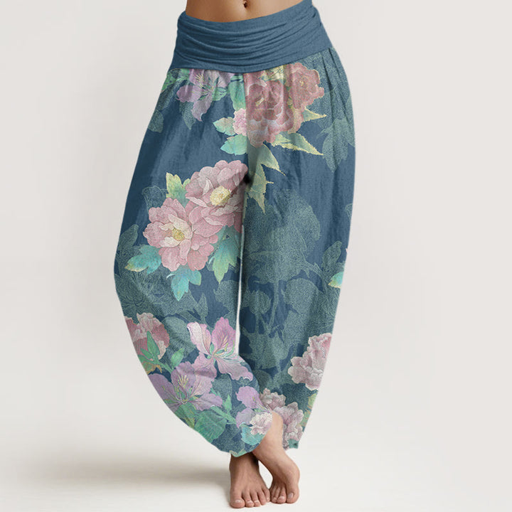 Buddha Stones Big Pink Peonies Green Leaves Women's Elastic Waist Harem Pants