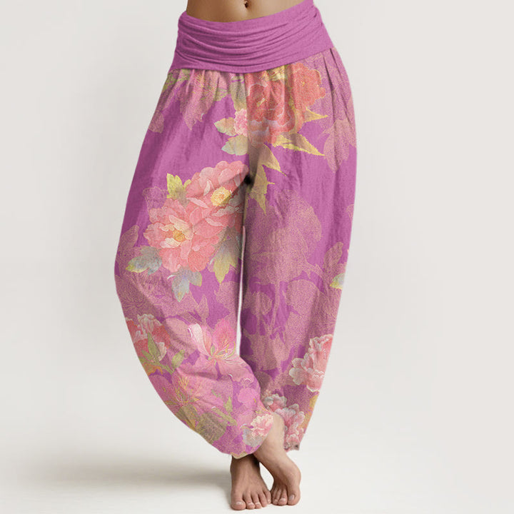 Buddha Stones Big Pink Peonies Green Leaves Women's Elastic Waist Harem Pants