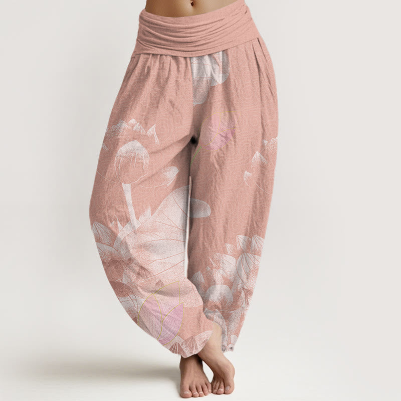 Buddha Stones Pink And White Lotus Women's Elastic Waist Harem Pants