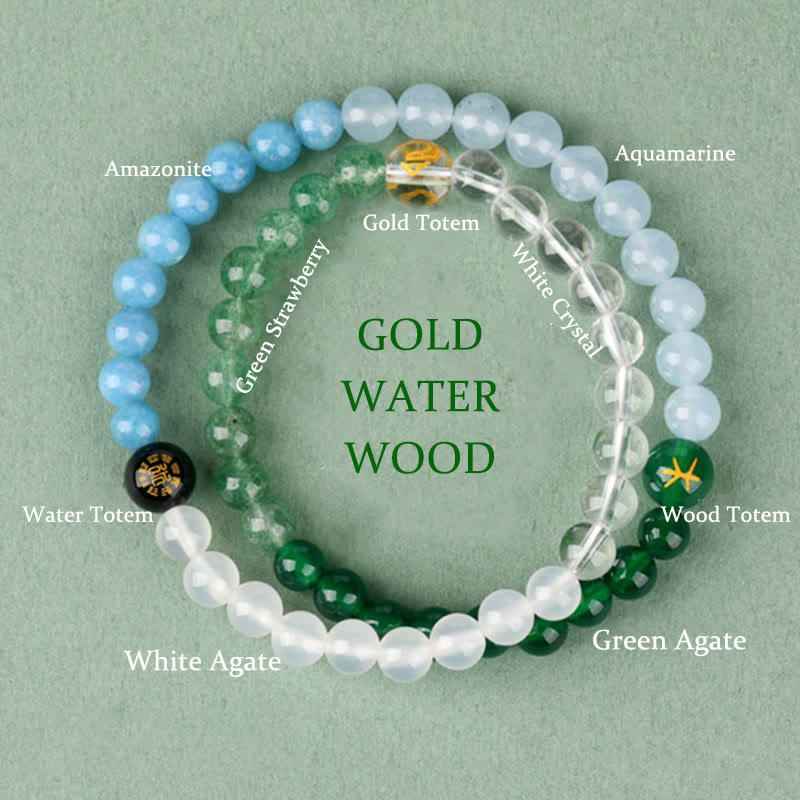 Buddha Stones Five Elements Various Crystal Agate Strawberry Quartz Wisdom Bracelet - Gold Water Wood(Wrist Circumference: 14-16cm) - image 0