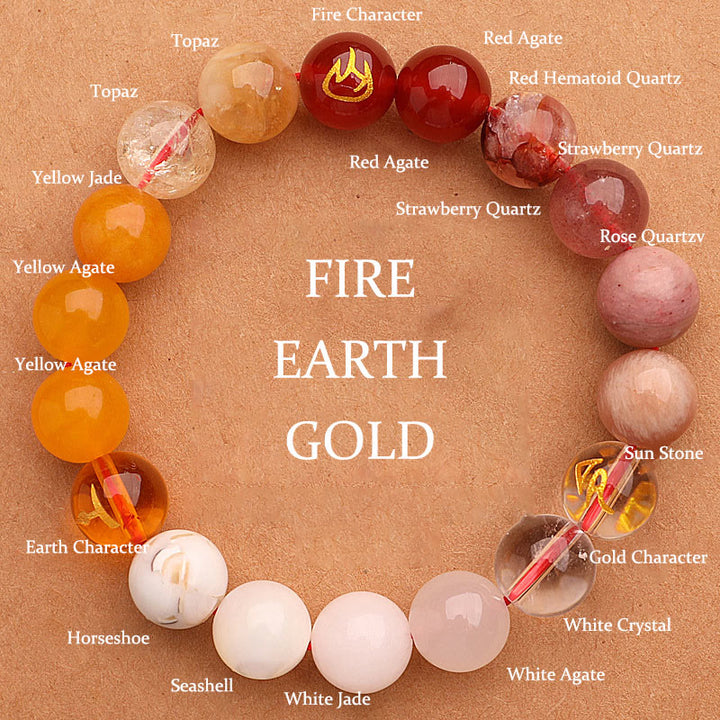 Buddha Stones Five Elements Various Agate Crystal Sun Stone Wisdom Bracelet - Fire Earth Gold(Wrist Circumference: 14-16cm) - 12mm - image 0