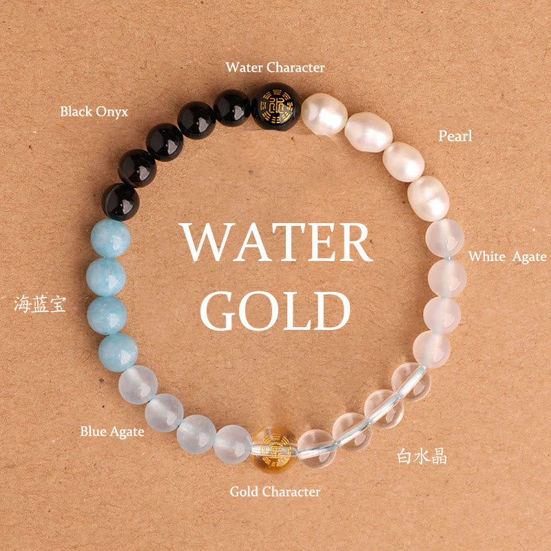 Buddha Stones Five Elements Various Agate Crystal Black Onyx Green Chalcedony Aquamarine Wisdom Bracelet - Gold Water(Wrist Circumference: 14-16cm) - 6mm - image 17