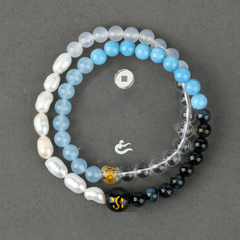 Buddha Stones Five Elements Various Agate Crystal Pearl Black Onyx White Agate White Crystal Luck Bracelet