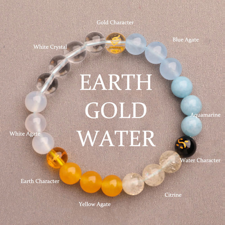 Buddha Stones Five Elements Various Agate Crystal Green Strawberry Quartz Sun Stone Wealth Bracelet - Gold Earth Water(Wrist Circumference: 14-16cm) - 8mm - image 18