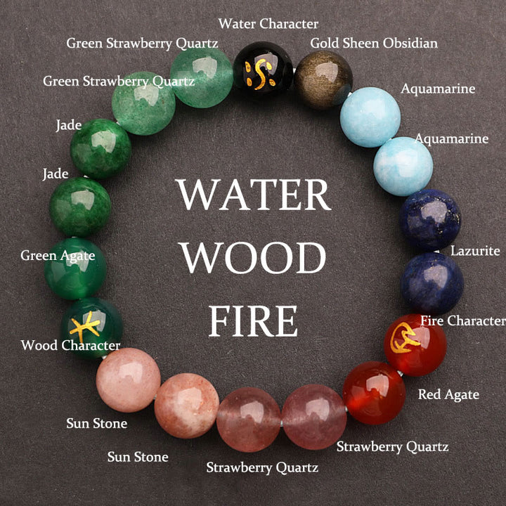 Buddha Stones Five Elements Various Agate Crystal Green Strawberry Quartz Sun Stone Wealth Bracelet - Water Fire Wood(Wrist Circumference: 14-16cm) - 10mm - image 38