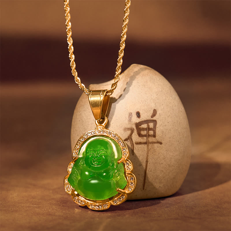 Buddha Stones 18K Gold Filled Laughing Buddha Jade Luck Necklace Chain Pendant