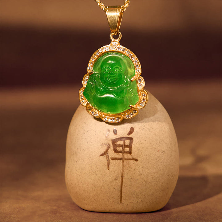 Buddha Stones 18K Gold Filled Laughing Buddha Jade Luck Necklace Chain Pendant