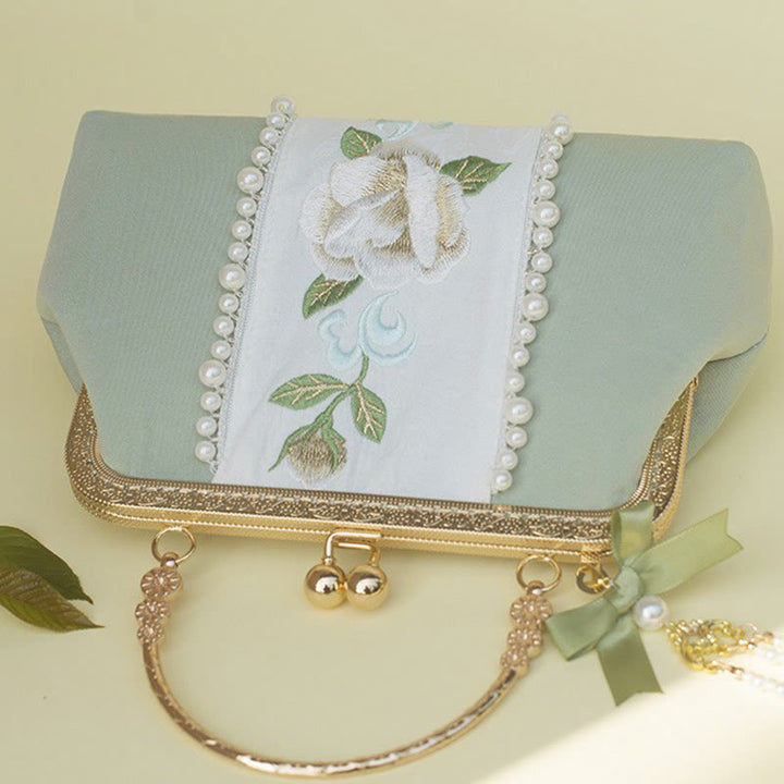 Buddha Stones Double-sided Flowers Embroidery Pearl Pendant Metal Chain Crossbody Bag Handbags