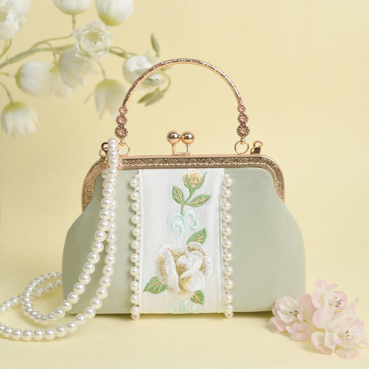 Buddha Stones Double-sided Flowers Embroidery Pearl Pendant Metal Chain Crossbody Bag Handbags