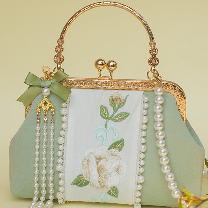 Buddha Stones Double-sided Flowers Embroidery Pearl Pendant Metal Chain Crossbody Bag Handbags