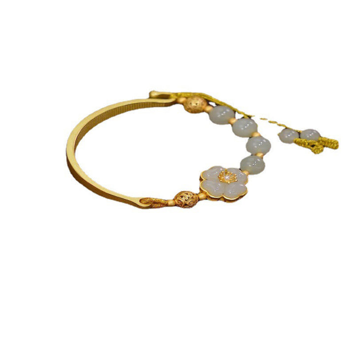 Buddha Stones Hetian Jade 925 Sterling Silver Flower Luck Cuff Half Bracelet Bangle - image 3