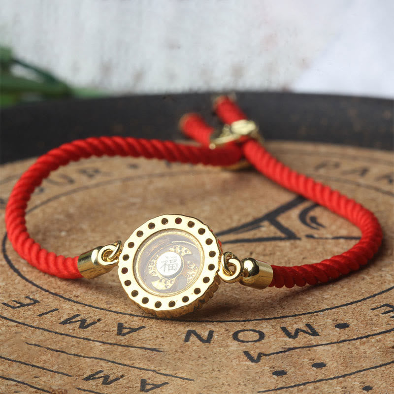 Buddha Stones Copper Brass Color Rotatable Windmill Feng Sheng Shui Qi Fu Red String Faith Braided Bracelet