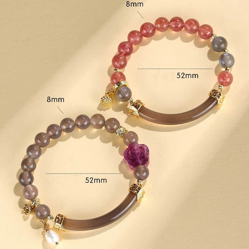 Buddha Stones Strawberry Quartz Labradorite Fluorite Pearl Cuff Half Bracelet Bangle