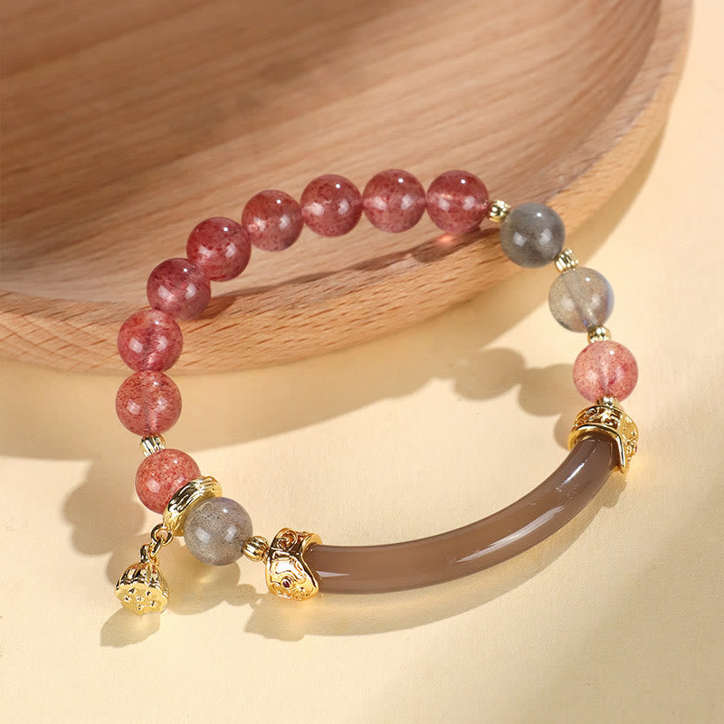 Buddha Stones Strawberry Quartz Labradorite Fluorite Pearl Cuff Half Bracelet Bangle