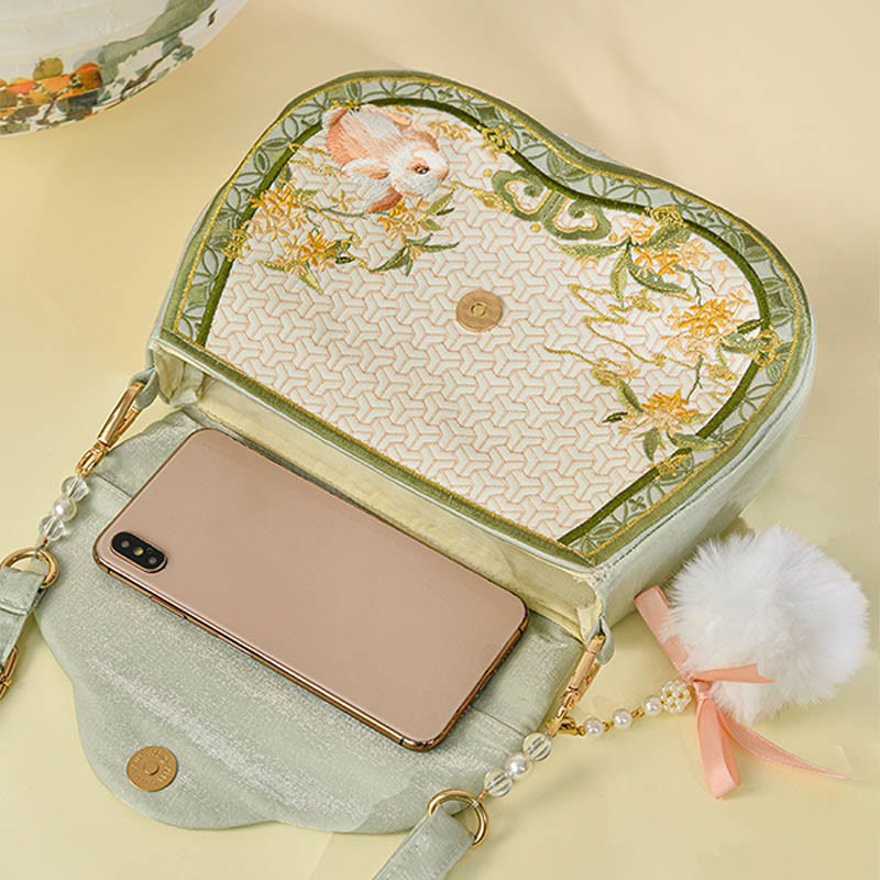 Buddha Stones Osmanthus Rabbit Embroidery Pearl Chain Furball Tassel Shoulder Bag Crossbody Bag