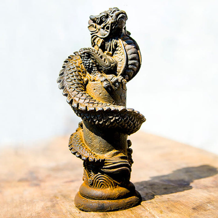 Buddha Stones Handmade Flying Dragon Around The Pillar Iron Powder Rust Cast Resin Statue Home Decoration - image 3