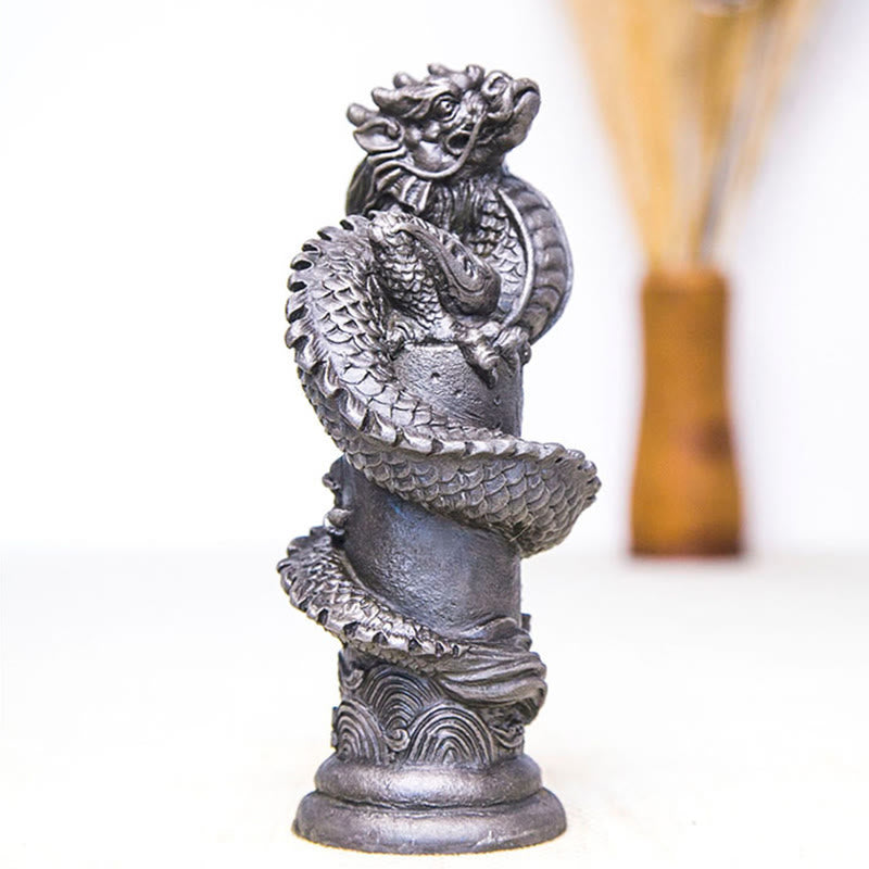 Buddha Stones Handmade Flying Dragon Around The Pillar Iron Powder Rust Cast Resin Statue Home Decoration