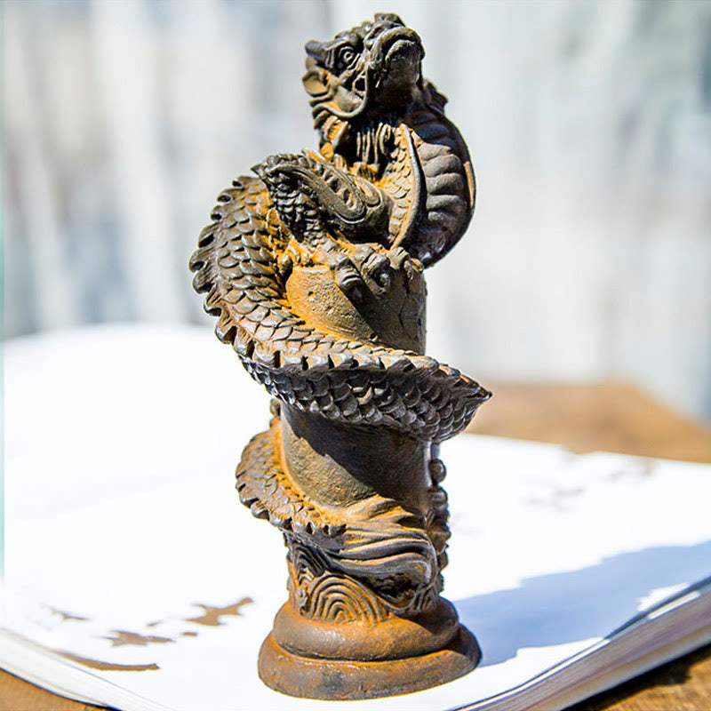 Buddha Stones Handmade Flying Dragon Around The Pillar Iron Powder Rust Cast Resin Statue Home Decoration