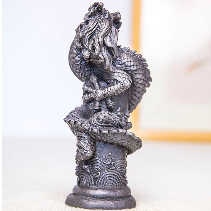 Buddha Stones Handmade Flying Dragon Around The Pillar Iron Powder Rust Cast Resin Statue Home Decoration