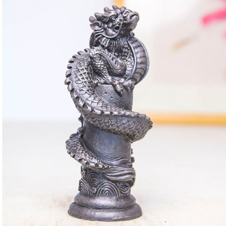 Buddha Stones Handmade Flying Dragon Around The Pillar Iron Powder Rust Cast Resin Statue Home Decoration