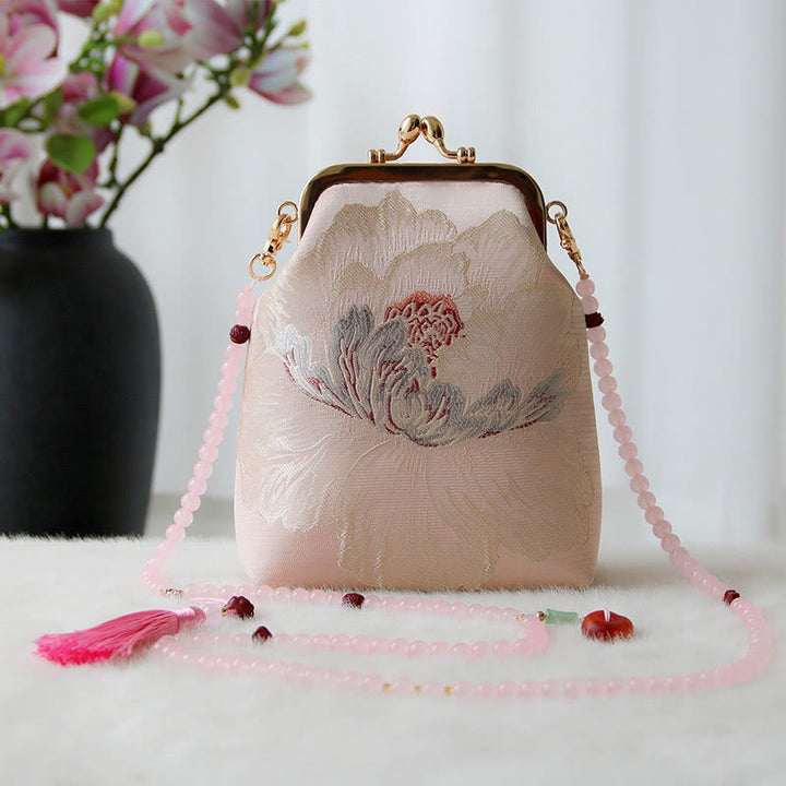 Buddha Stones Retro Chinese Embroidery Pearl Chain Crossbody Bag Shoudler Bag