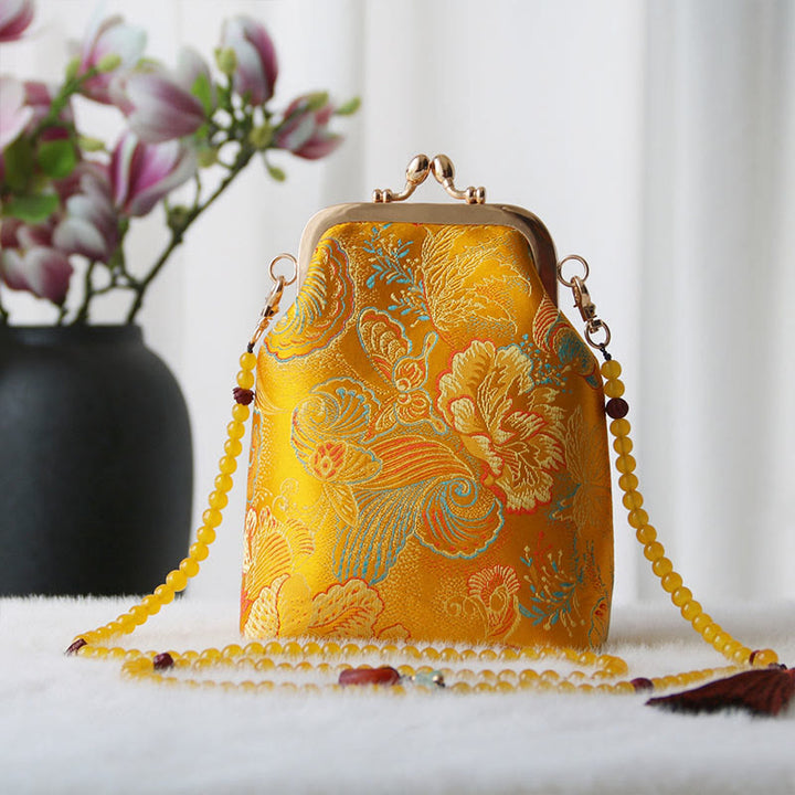 Buddha Stones Retro Chinese Embroidery Pearl Chain Crossbody Bag Shoudler Bag