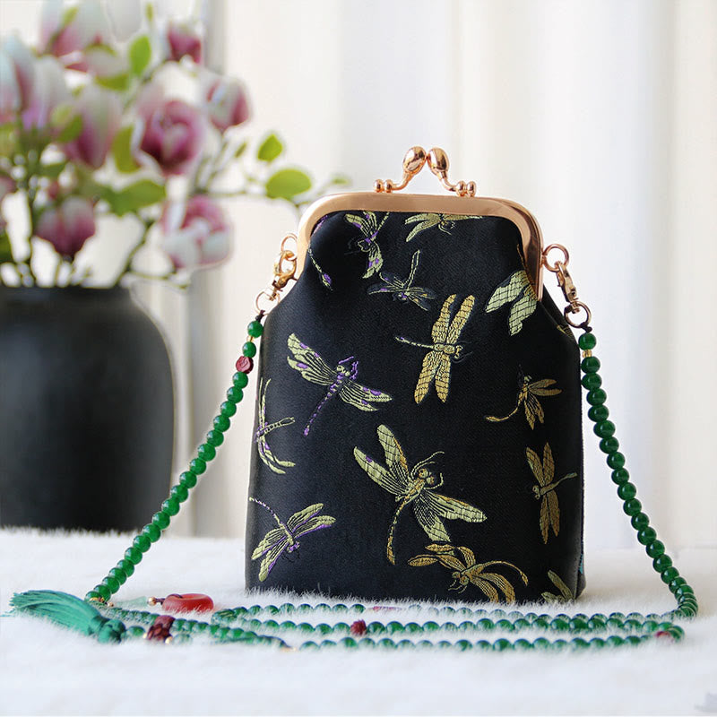 Buddha Stones Retro Chinese Embroidery Pearl Chain Crossbody Bag Shoudler Bag