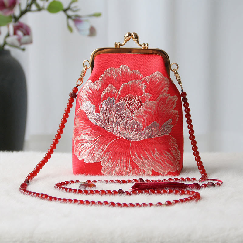 Buddha Stones Retro Chinese Embroidery Pearl Chain Crossbody Bag Shoudler Bag