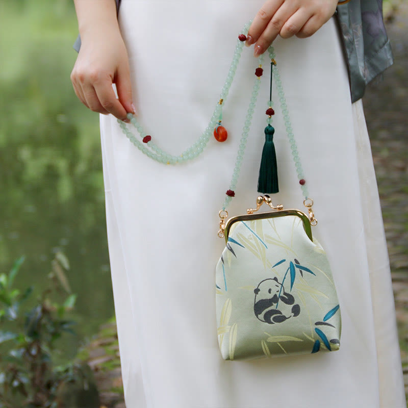 Buddha Stones Retro Chinese Embroidery Pearl Chain Crossbody Bag Shoudler Bag