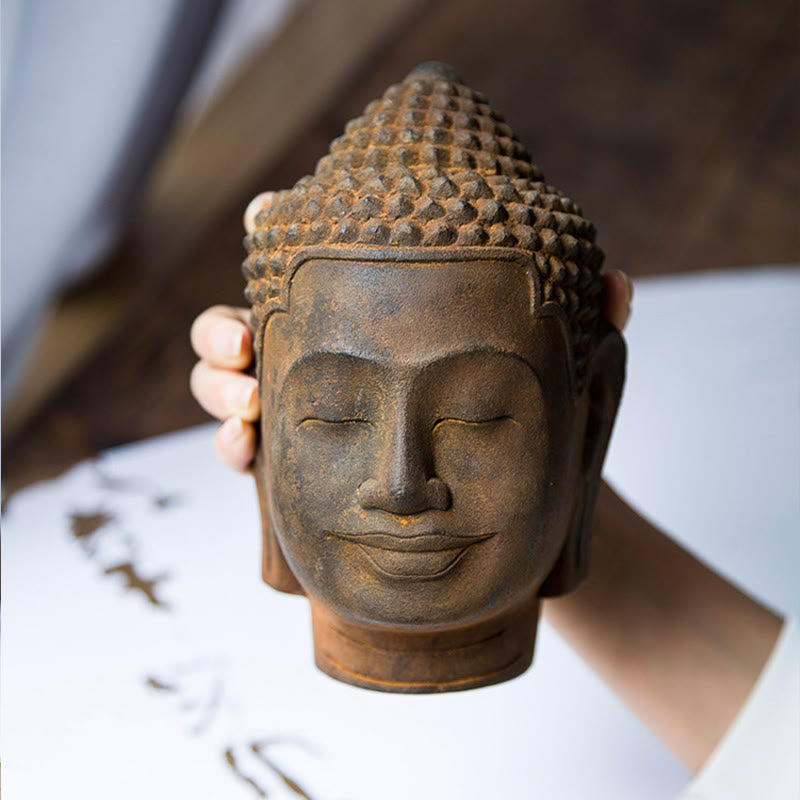 Buddha Stones Closed Eyes Contemplation Meditating Buddha Head Iron Powder Rust Cast Resin Statue Home Decoration