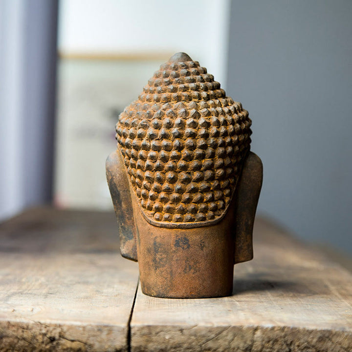 Buddha Stones Closed Eyes Contemplation Meditating Buddha Head Iron Powder Rust Cast Resin Statue Home Decoration