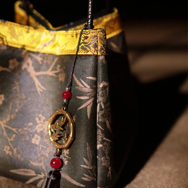 Buddha Stones Plum Flower Bamboo Branches Embroidery Tassel Xiangyunsha Silk Shoulder Bag Hangbags