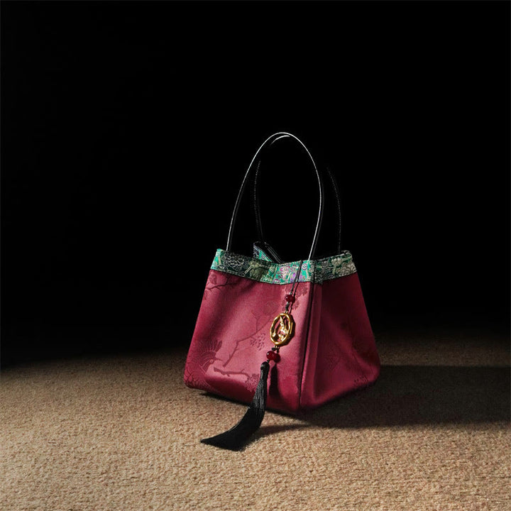 Buddha Stones Plum Flower Bamboo Branches Embroidery Tassel Xiangyunsha Silk Shoulder Bag Hangbags