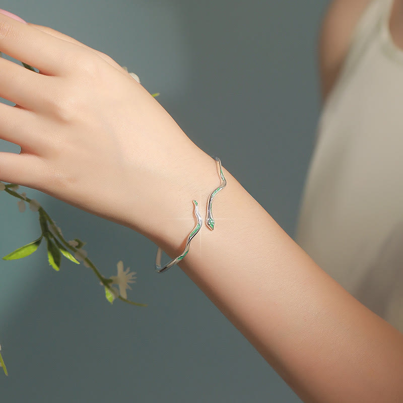 Buddha Stones 925 Sterling Silver Green Snake Enamel Craft Year Of The Snake Calm Cuff Bracelet Bangle