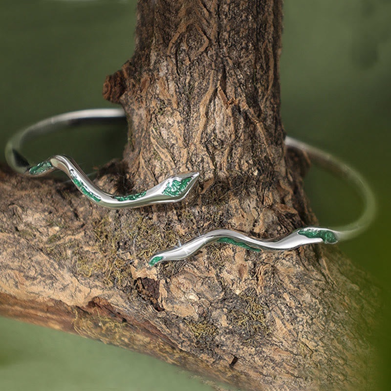 Buddha Stones 925 Sterling Silver Green Snake Enamel Craft Year Of The Snake Calm Cuff Bracelet Bangle