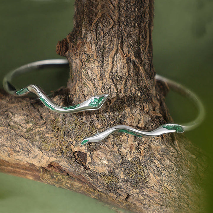 Buddha Stones 925 Sterling Silver Green Snake Enamel Craft Year Of The Snake Calm Cuff Bracelet Bangle