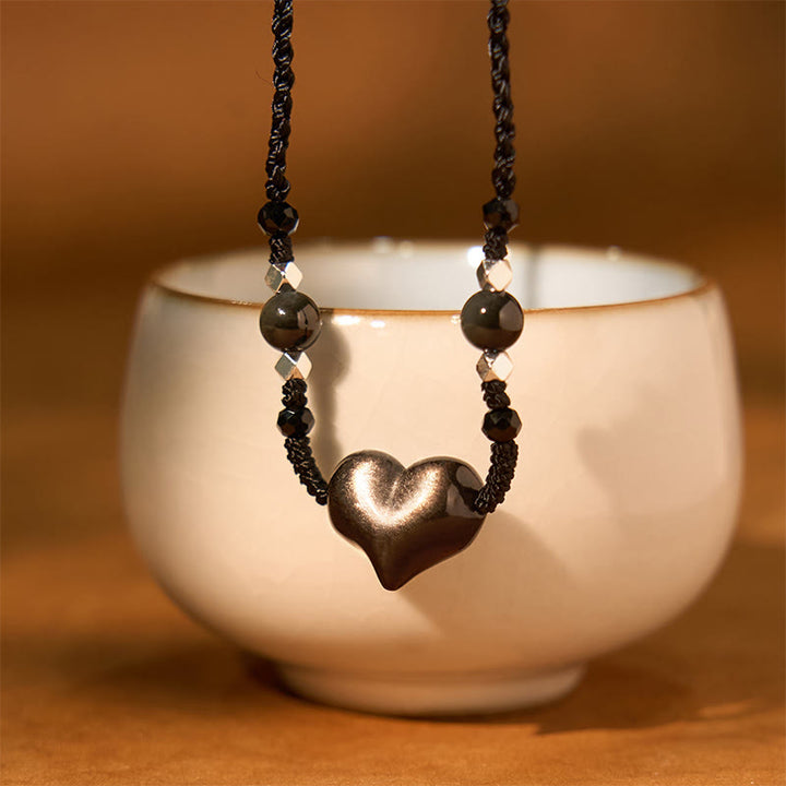 Buddha Stones Natural Silver Sheen Obsidian Heart Protection Necklace Pendant