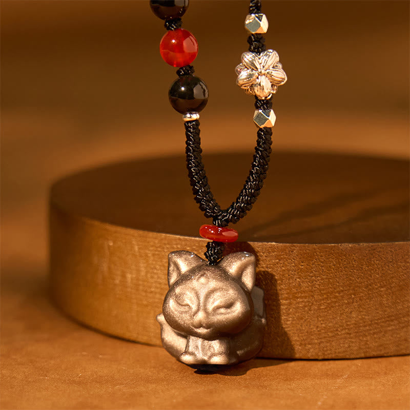 Buddha Stones Natural Silver Sheen Obsidian Nine Tailed Fox Protection Necklace Pendant