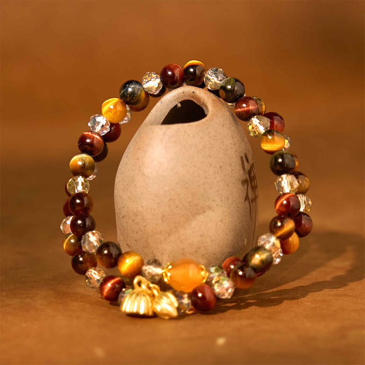 Buddha Stones Colorful Tiger Eye Lotus Multi-circle Elastic Rope Protection Bracelet