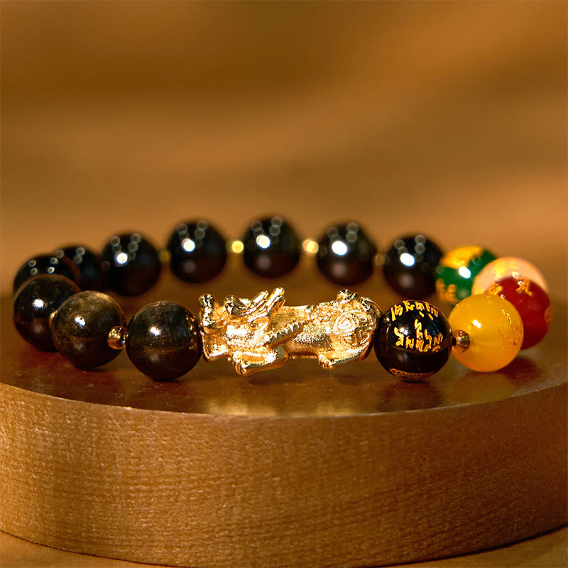 Buddha Stones Natural Gold Sheen Obsidian PiXiu Five Directions Gods of Wealth Protection Bracelet