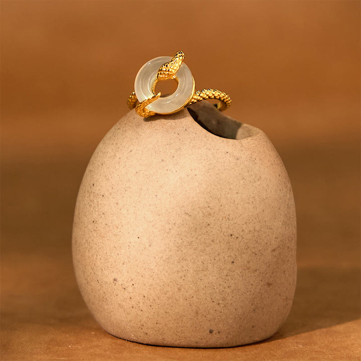 Buddha Stones Chalcedony Peace Buckle 925 Sterling Silver Golden Year Of The Snake Harmony  Ring - image 3