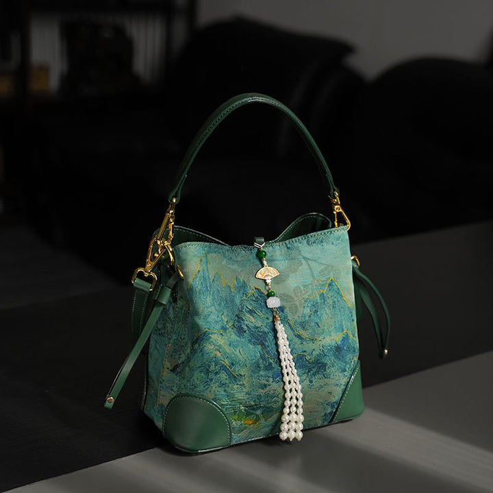 Buddha Stones Handmade River Mountain Bead Pearl Tassel Xiangyunsha Silk Crossbody Bag Hangbags