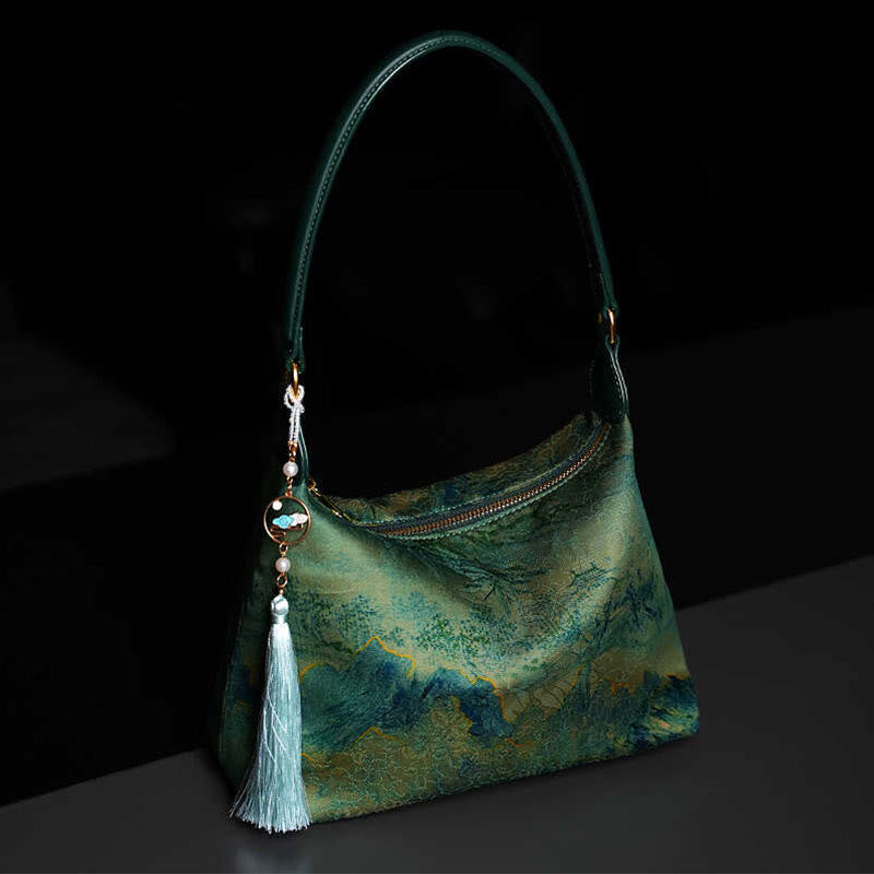 Buddha Stones Lotus Bamboo Crane Deer Butterfly Mountain Xiangyunsha Silk Song Brocade Crossbody Bag Shoulder Bag