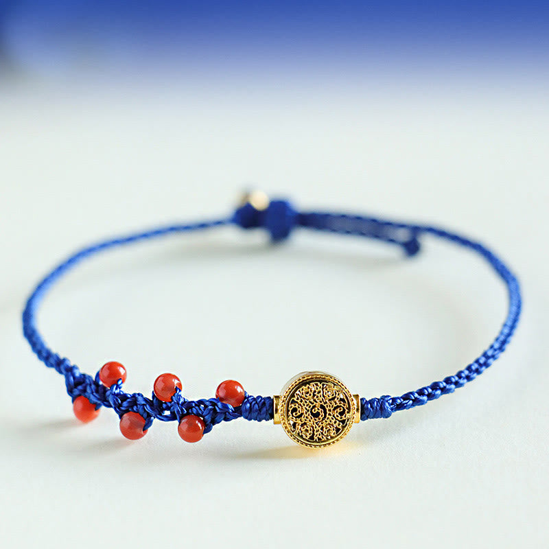 Buddha Stones Klein Blue String South Red Agate Garnet Copper Flower Power Bracelet