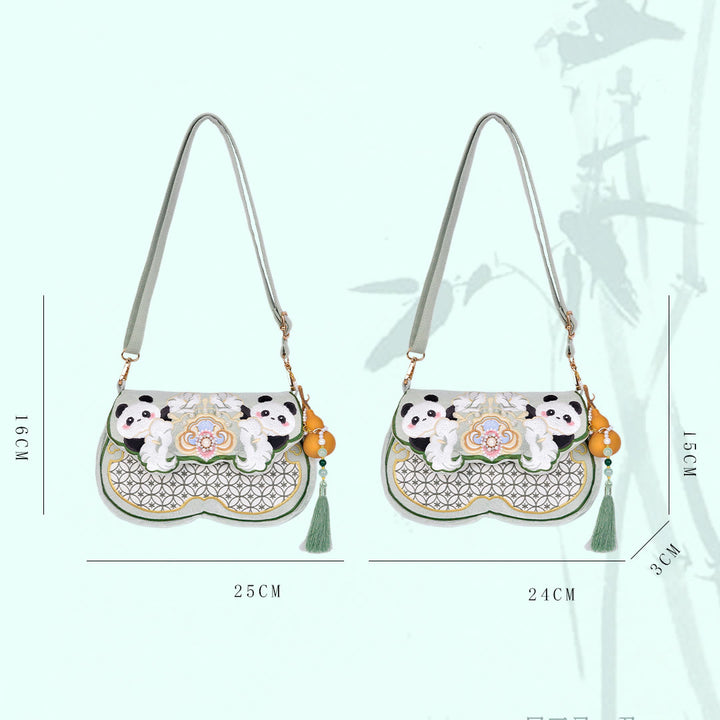 Buddha Stones Panda Flowers Gourd Pendant Shoulder Bag Crossbody Bag