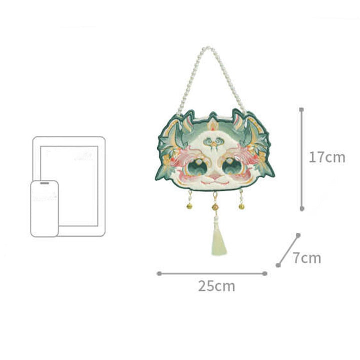 Buddha Stones Double-sided Mythical Beast Bai Ze Embroidery Pearl Chain Tassel Shoulder Bag Crossbody Bag