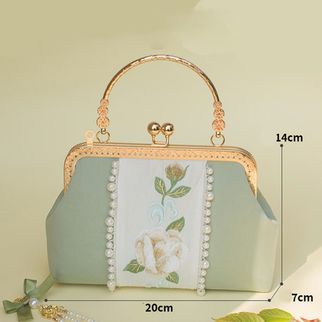 Buddha Stones Double-sided Flowers Embroidery Pearl Pendant Metal Chain Crossbody Bag Handbags