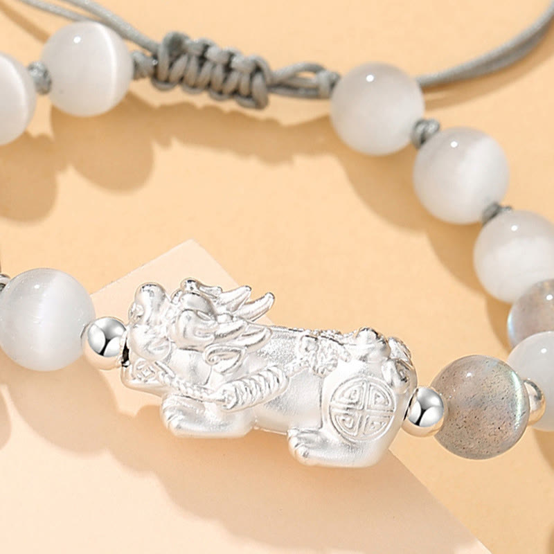 Buddha Stones Pi Xiu Six True Words 999 Sterling Silver Black Obsidian White Turquoise Chrysoberyl Luck Bracelet - image 13