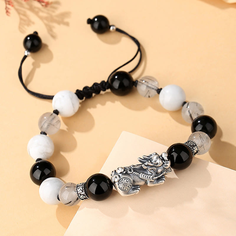 Buddha Stones Pi Xiu Six True Words 999 Sterling Silver Black Obsidian White Turquoise Chrysoberyl Luck Bracelet - image 1