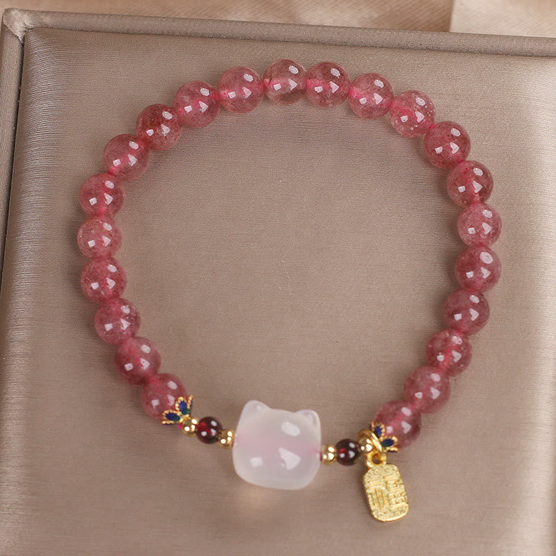 Buddha Stones Strawberry Quartz White Jade Cat Fu Character Healing Bracelet